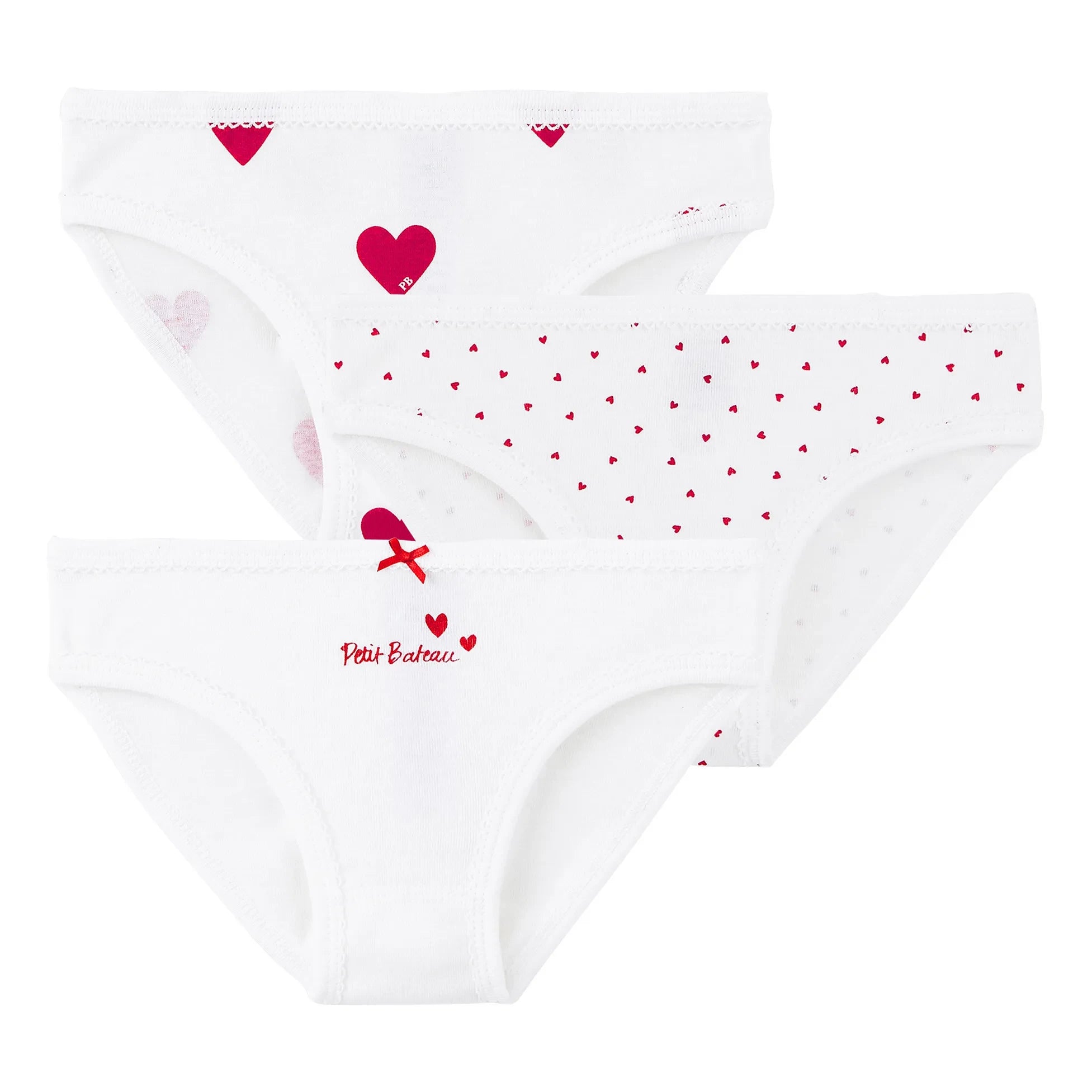 Petit Bateau - Packung mit 3 Slips aus Bio-Baumwolle mit Herzmuster | Weiß