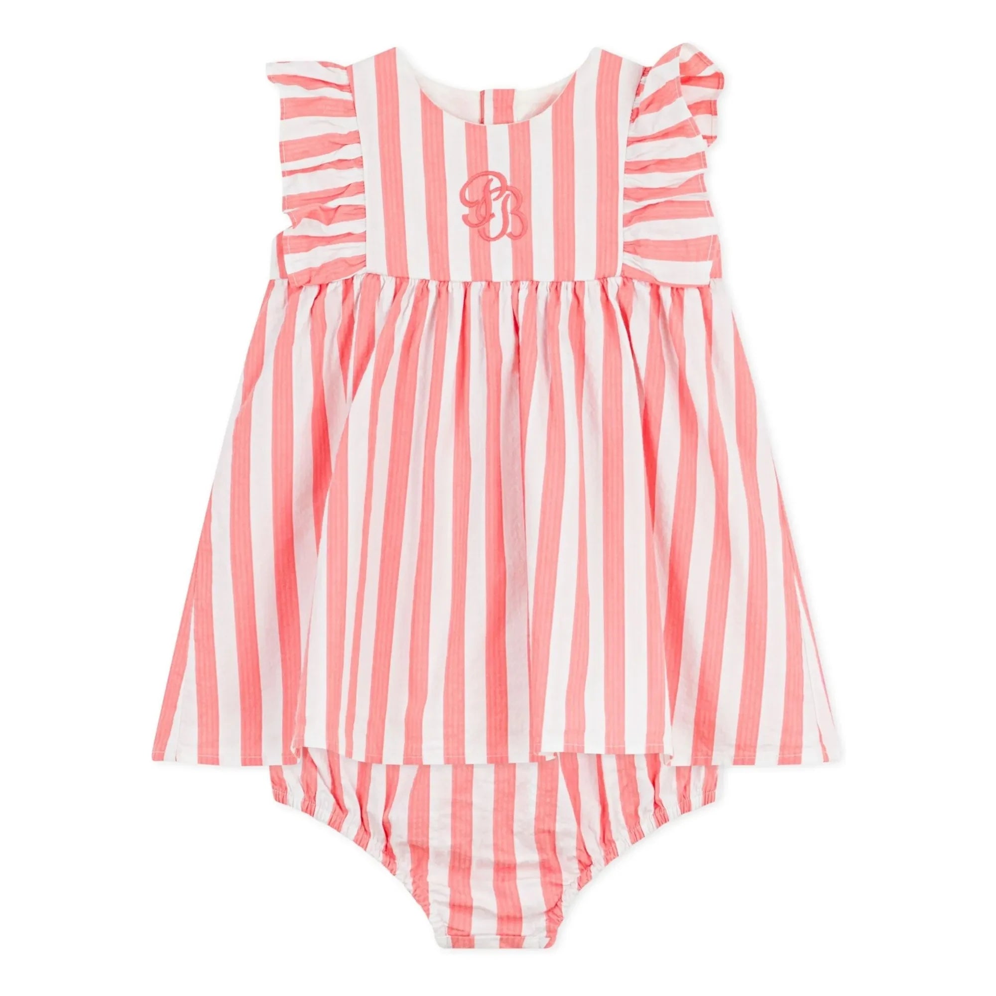 Petit Bateau - Gestreiftes Seersucker Kleid aus Bio-Baumwolle und Bloomer-Set | Koralle