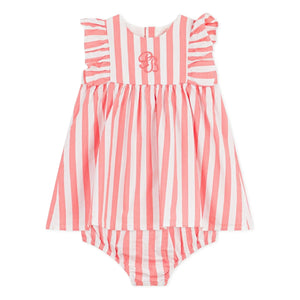 Petit Bateau - Gestreiftes Seersucker Kleid aus Bio-Baumwolle und Bloomer-Set | Koralle