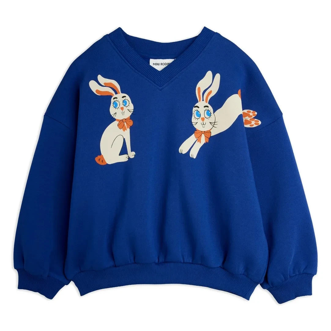 Mini Rodini - V yaka sweatshirt Rabbits Organik pamuk | Mavi