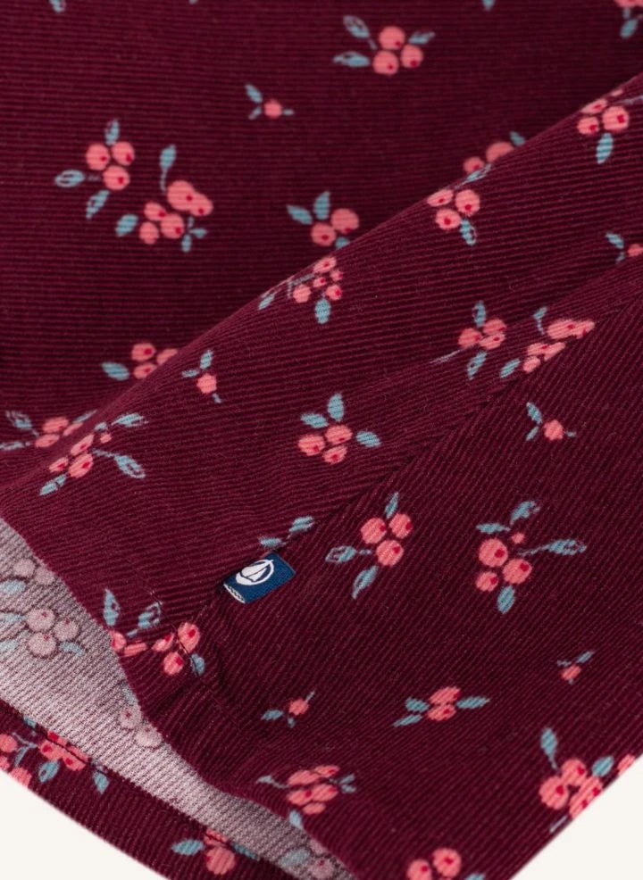 Petit Bateau - Organik Pamuk Keten Çiçekli Fırfırlı Elbise | Bordo