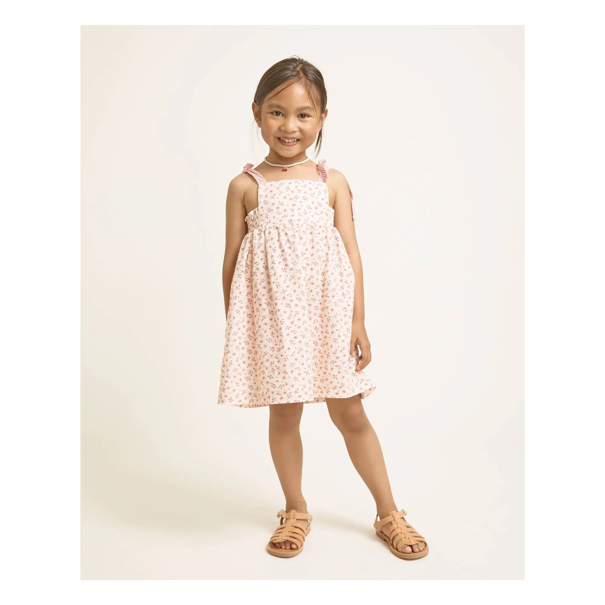 Búho - Seersucker Schleifenkleid mit Blumenmuster | Peach