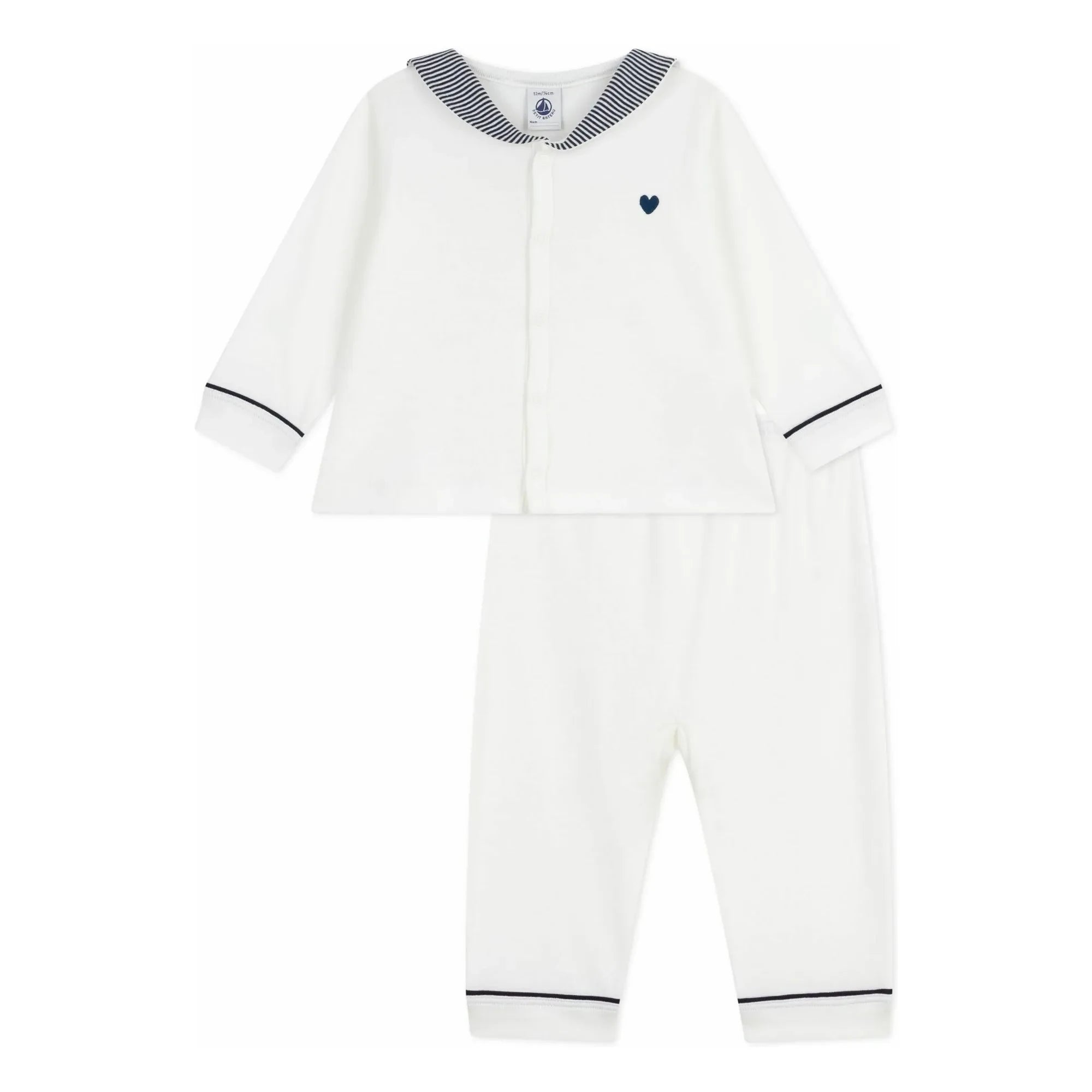 Petit Bateau - Gestreifter Kragen Schlafanzug aus Bio-Baumwolle | Weiß