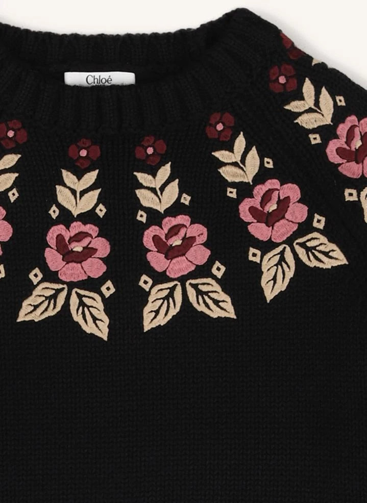 Chloé - Pullover aus Bio-Baumwolle mit Blumenstickerei | Schwarz