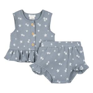 Petit Lem - Etoiles de Mer Set aus Oberteil und Shorts aus Bio-Baumwolle mit Prägung | Graublau