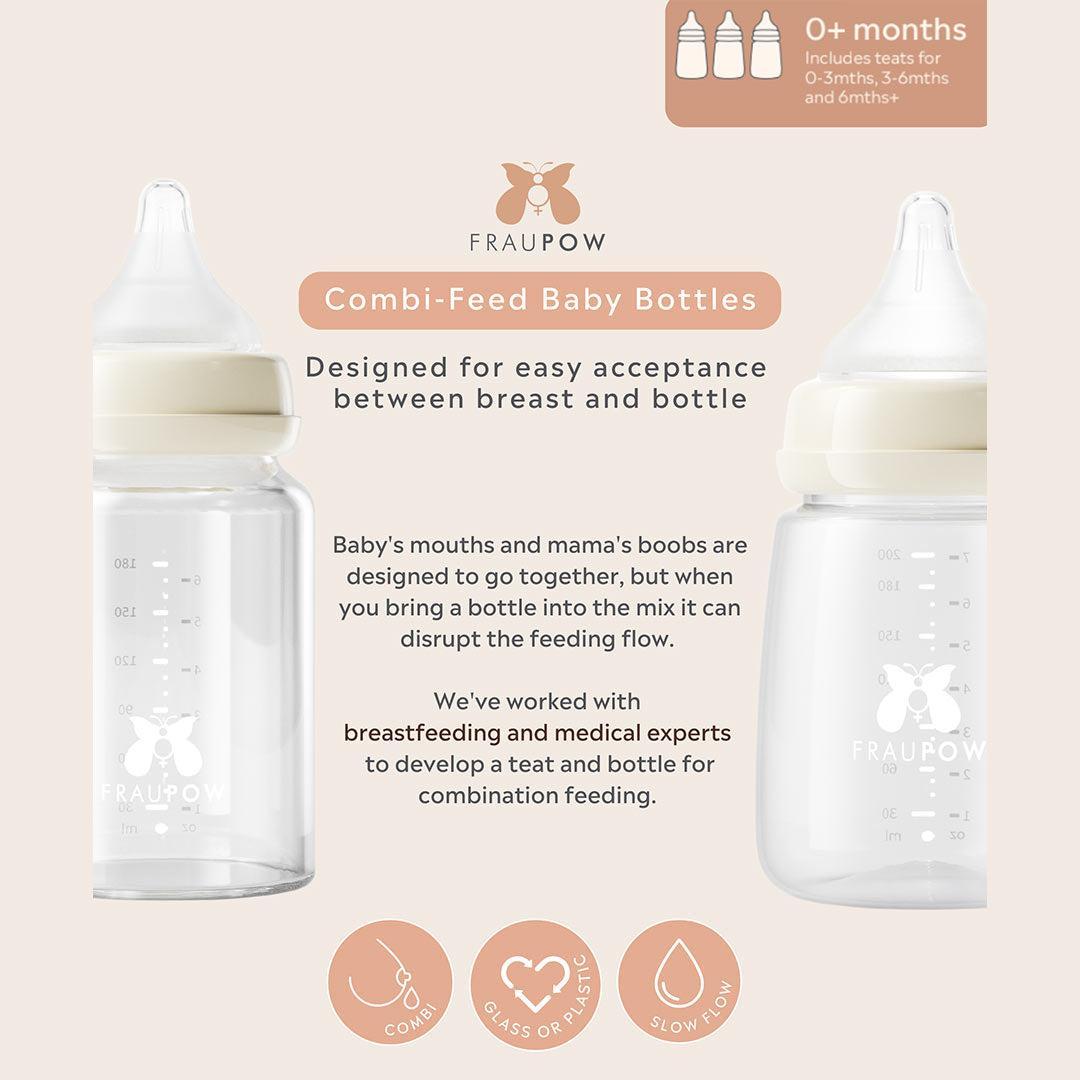 Fraupow Combi-Feed Glass Baby Bottles | Pack of 3-Baby Bottles-180ml- | Natural Baby Shower