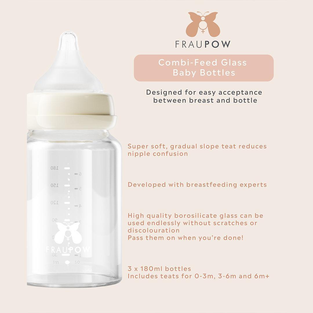 Fraupow Combi-Feed Glass Baby Bottles | Pack of 3-Baby Bottles-180ml- | Natural Baby Shower