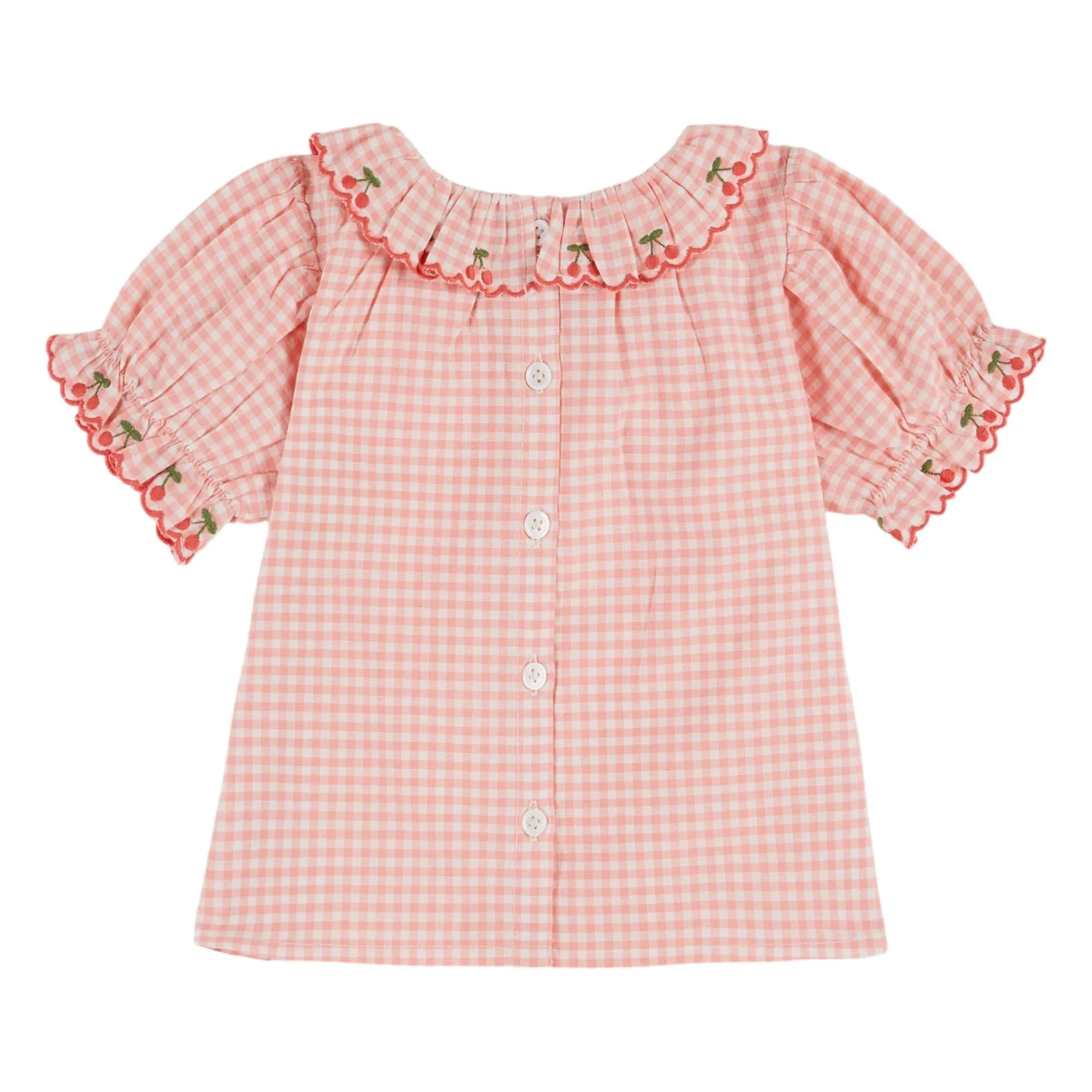 Emile et Ida – Bestickte Bluse mit Vichykaro-Kragen aus Bio-Baumwolle | Rosa