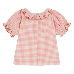 Emile et Ida – Bestickte Bluse mit Vichykaro-Kragen aus Bio-Baumwolle | Rosa