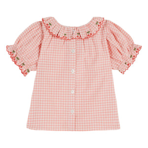 Emile et Ida – Bestickte Bluse mit Vichykaro-Kragen aus Bio-Baumwolle | Rosa