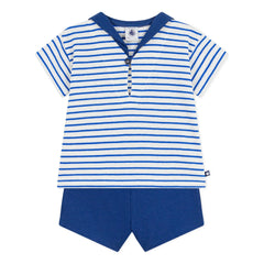 Petit Bateau - Bio-Baumwoll-Waffelstrick T-Shirt und Shorts Set | Blau