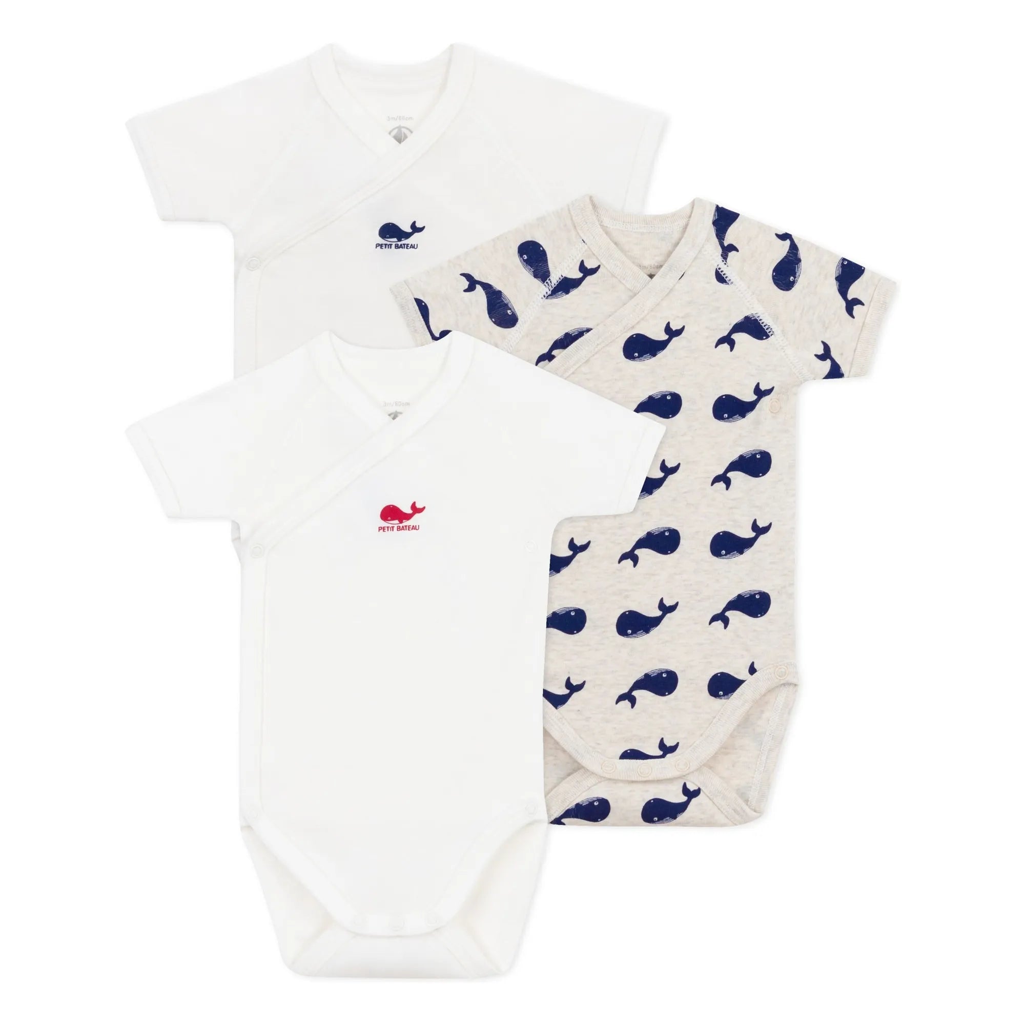 Petit Bateau - 3er Bio-Baumwoll-Body-Set mit Walmotiv für Neugeborene | Ecru