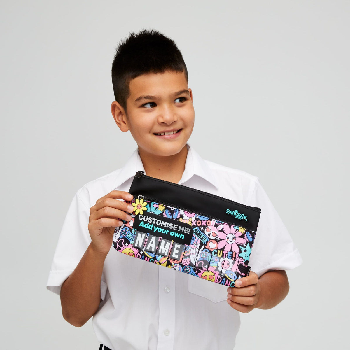 Smiggle – Bright Side Federmäppchen und Handtasche mit Namensschild