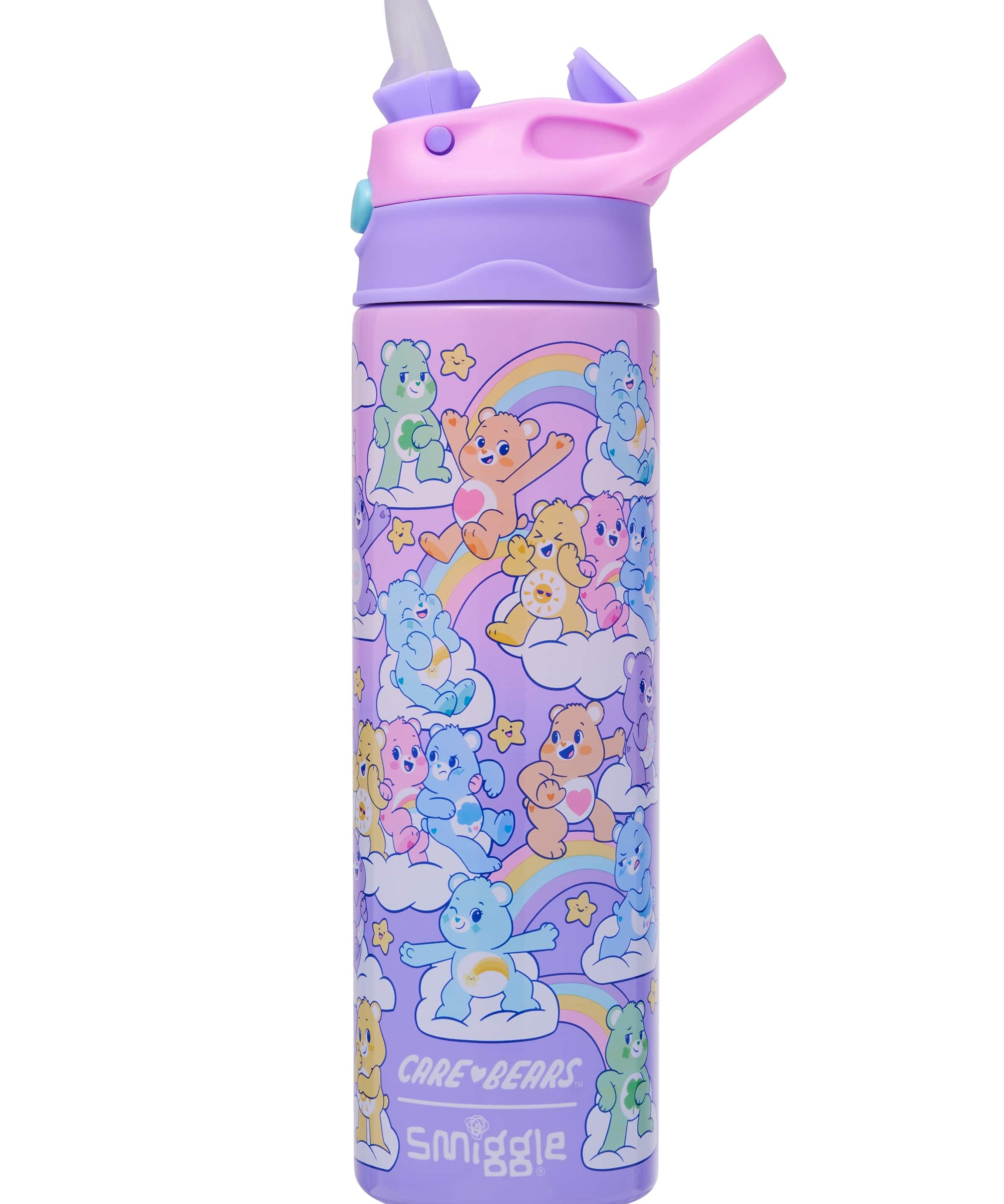 Smiggle - Care Bears 520ML Automatische Edelstahl-Trinkflasche mit verstecktem Strohhalm
