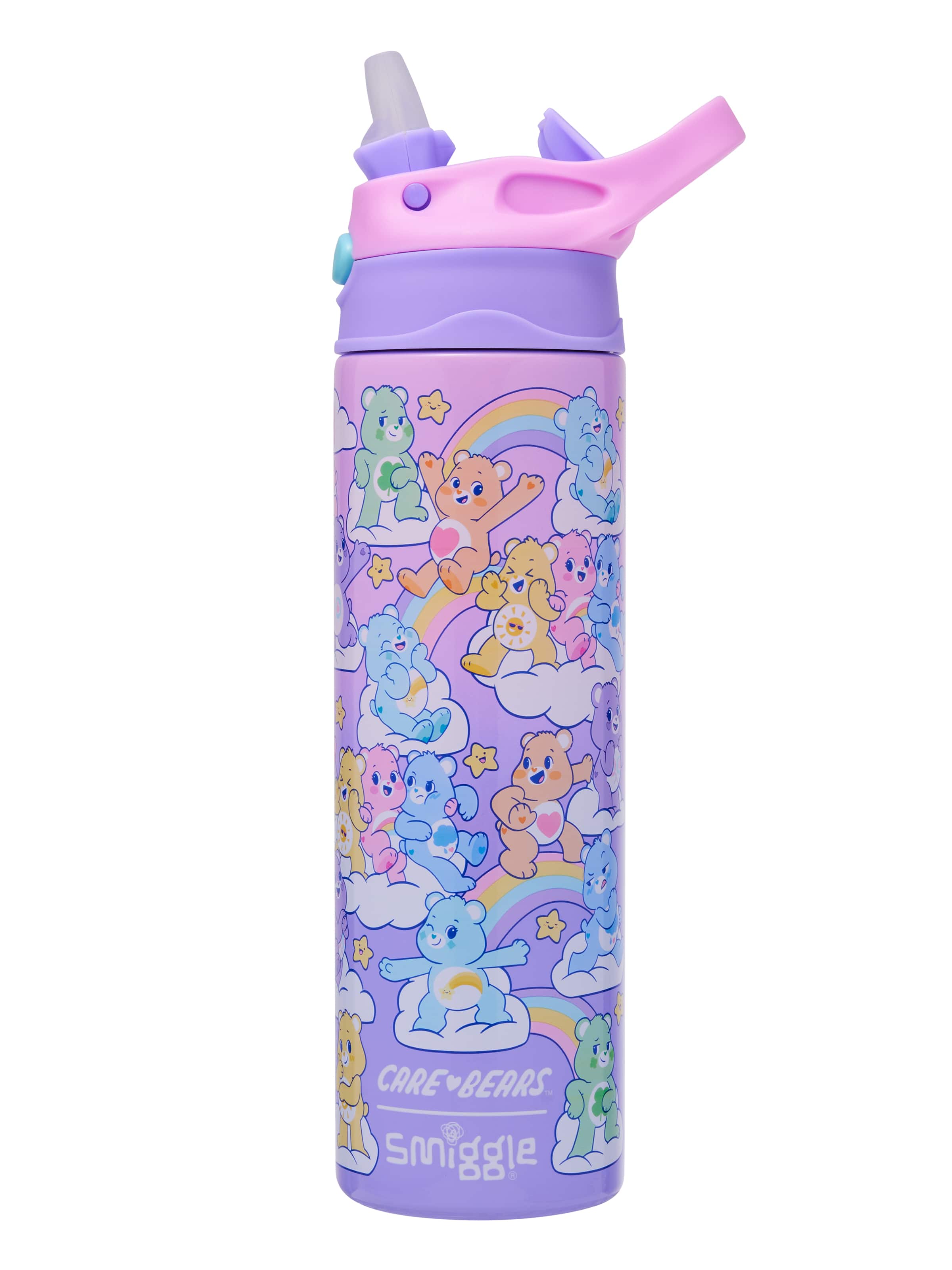 Smiggle - Care Bears 520ML Automatische Edelstahl-Trinkflasche mit verstecktem Strohhalm