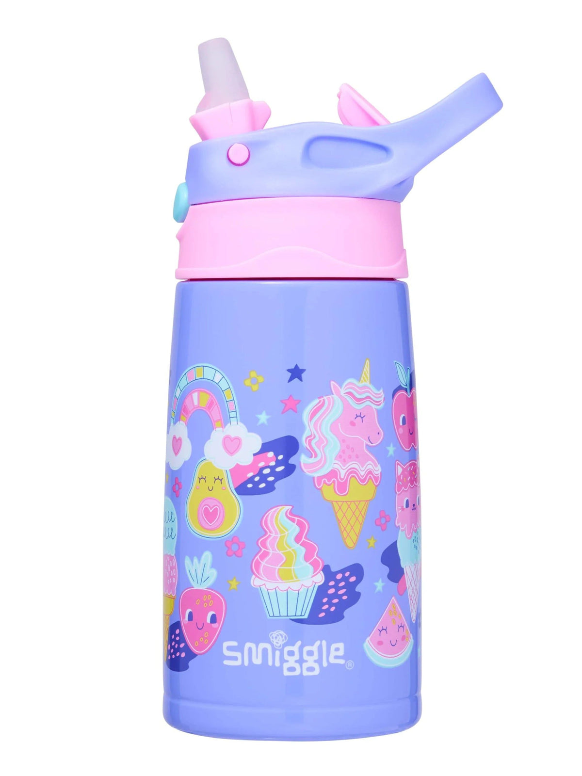 Smiggle – Happy Tales 400 ml automatische Stahlflasche mit Strohhalm