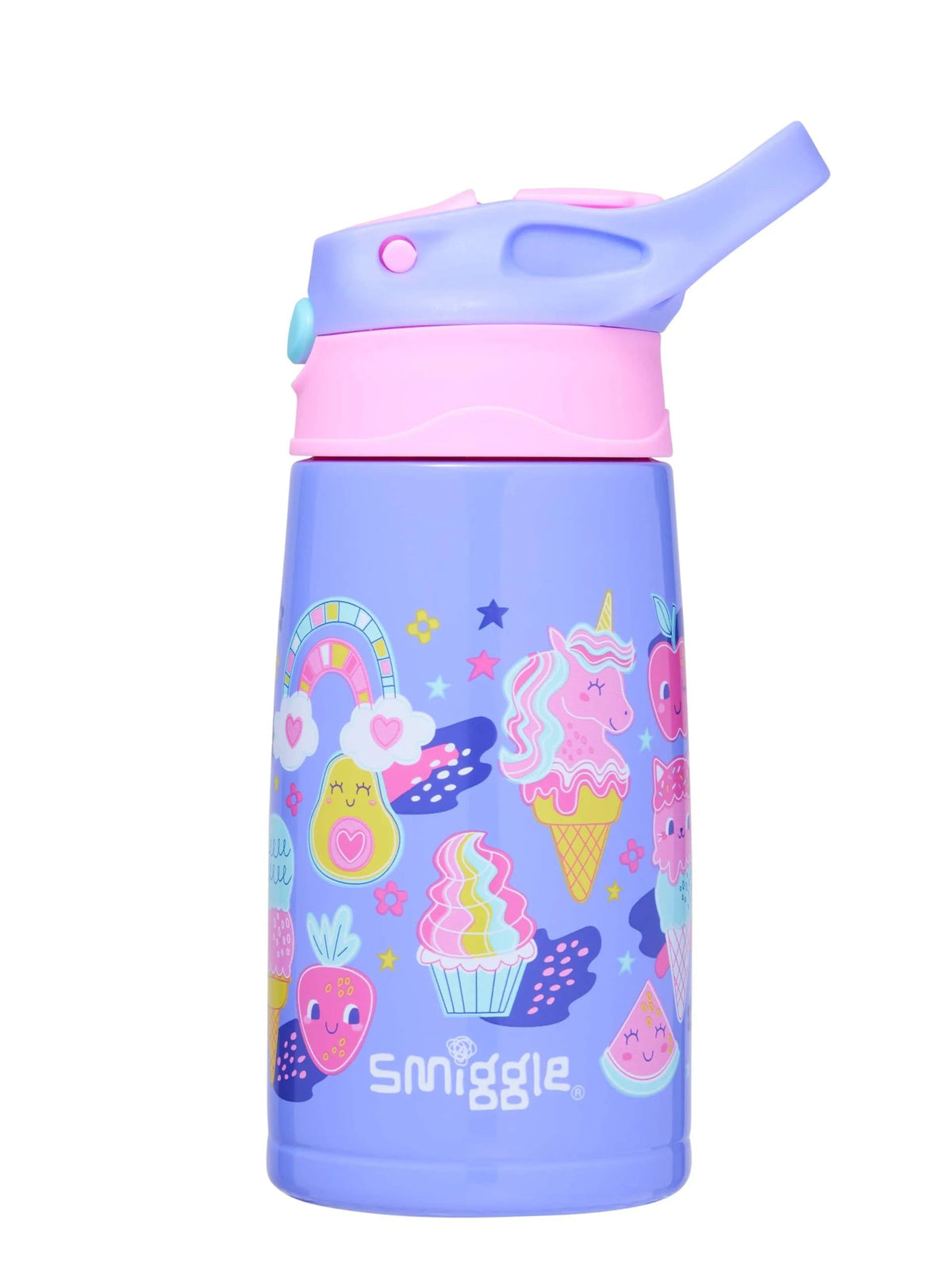 Smiggle – Happy Tales 400 ml automatische Stahlflasche mit Strohhalm