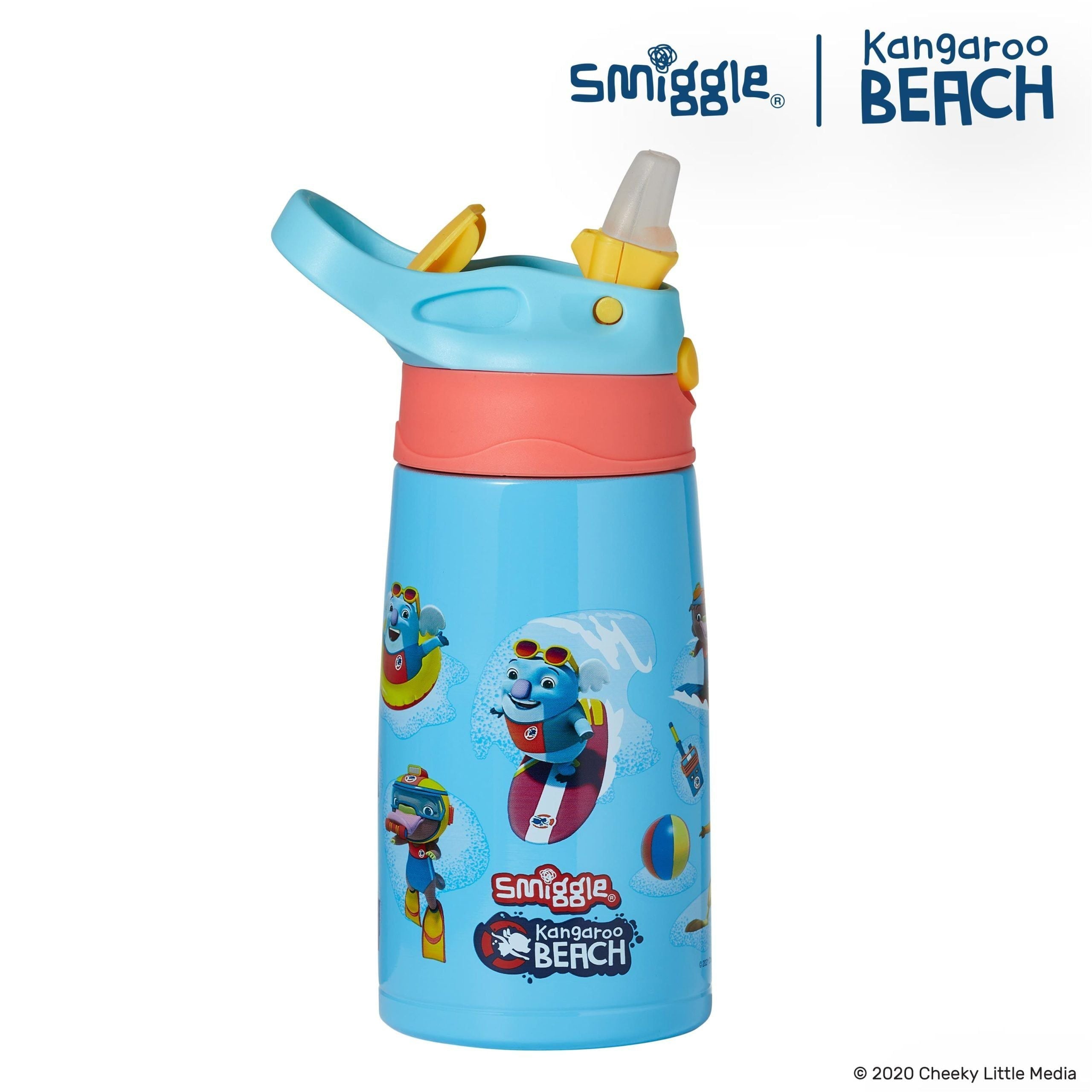 Smiggle - Kangaroo Beach Steel Automatische Wasserflasche mit Strohhalm 400 ml