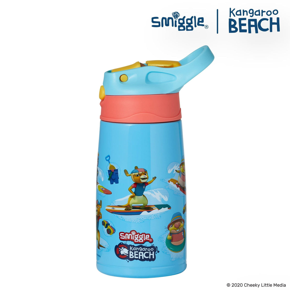 Smiggle - Kangaroo Beach Steel Automatische Wasserflasche mit Strohhalm 400 ml