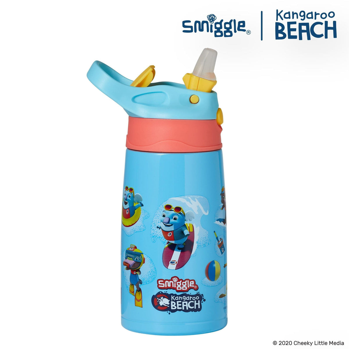 Smiggle - Kangaroo Beach Steel Automatische Wasserflasche mit Strohhalm 400 ml