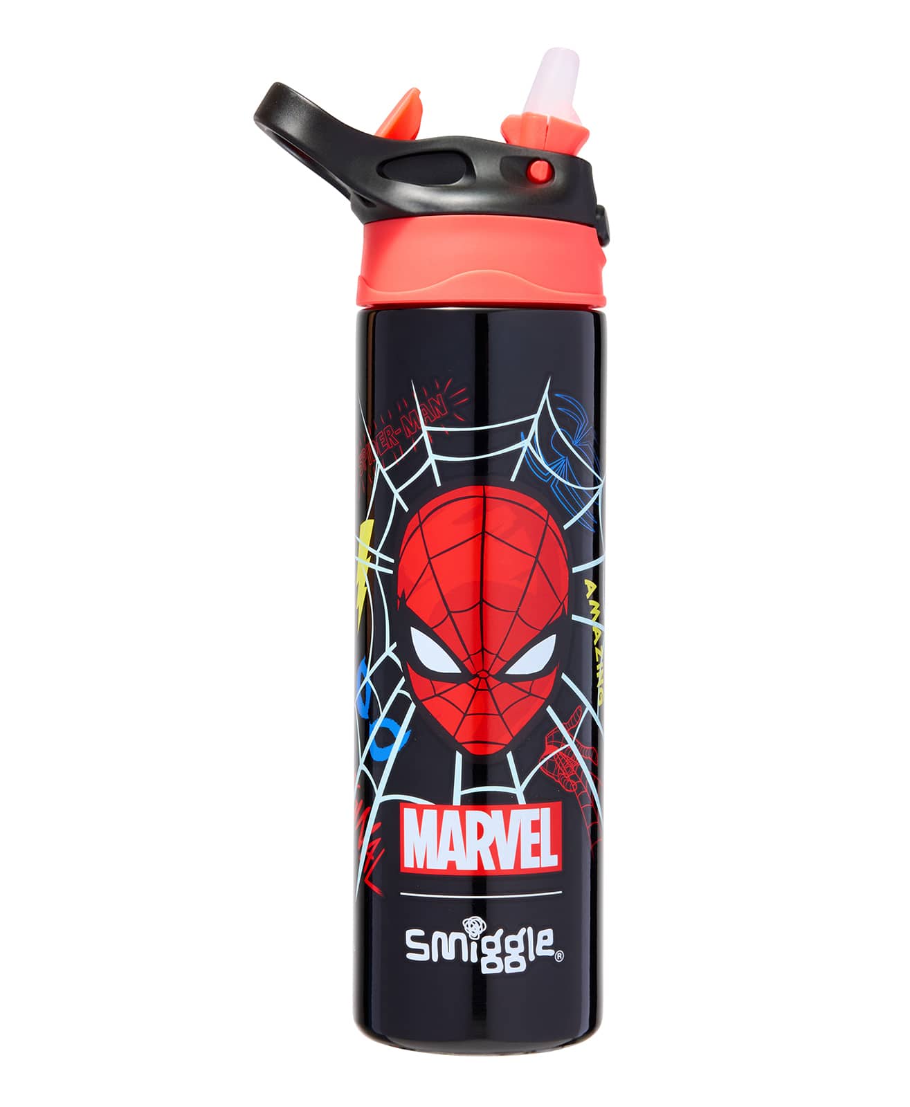 Smiggle - Marvel Spiderman BPA-freie automatische Trinkflasche mit Strohhalm 650ML