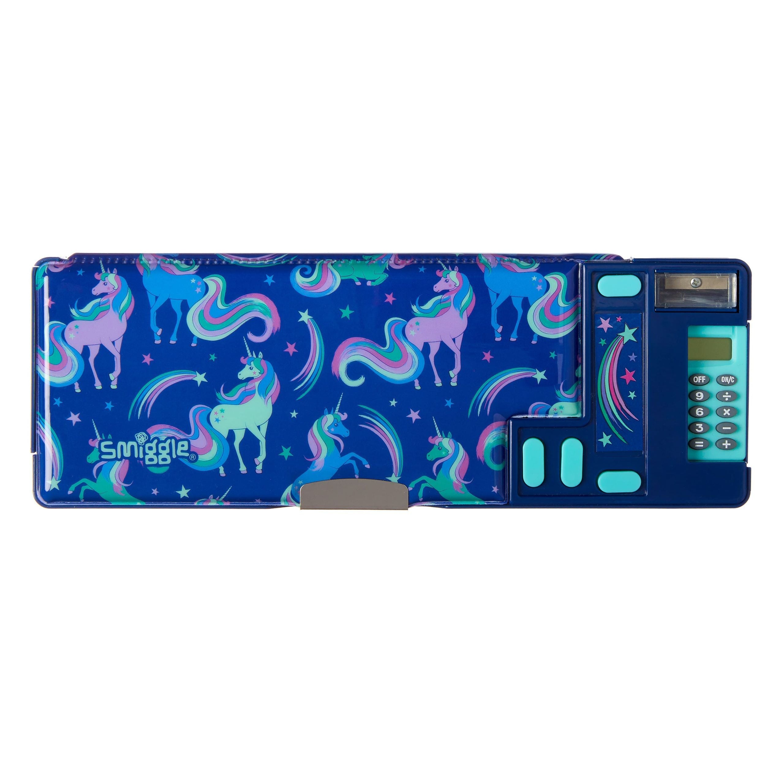 Smiggle – Automatisches Federmäppchen mit blauen Einhörnern und Taschenrechner
