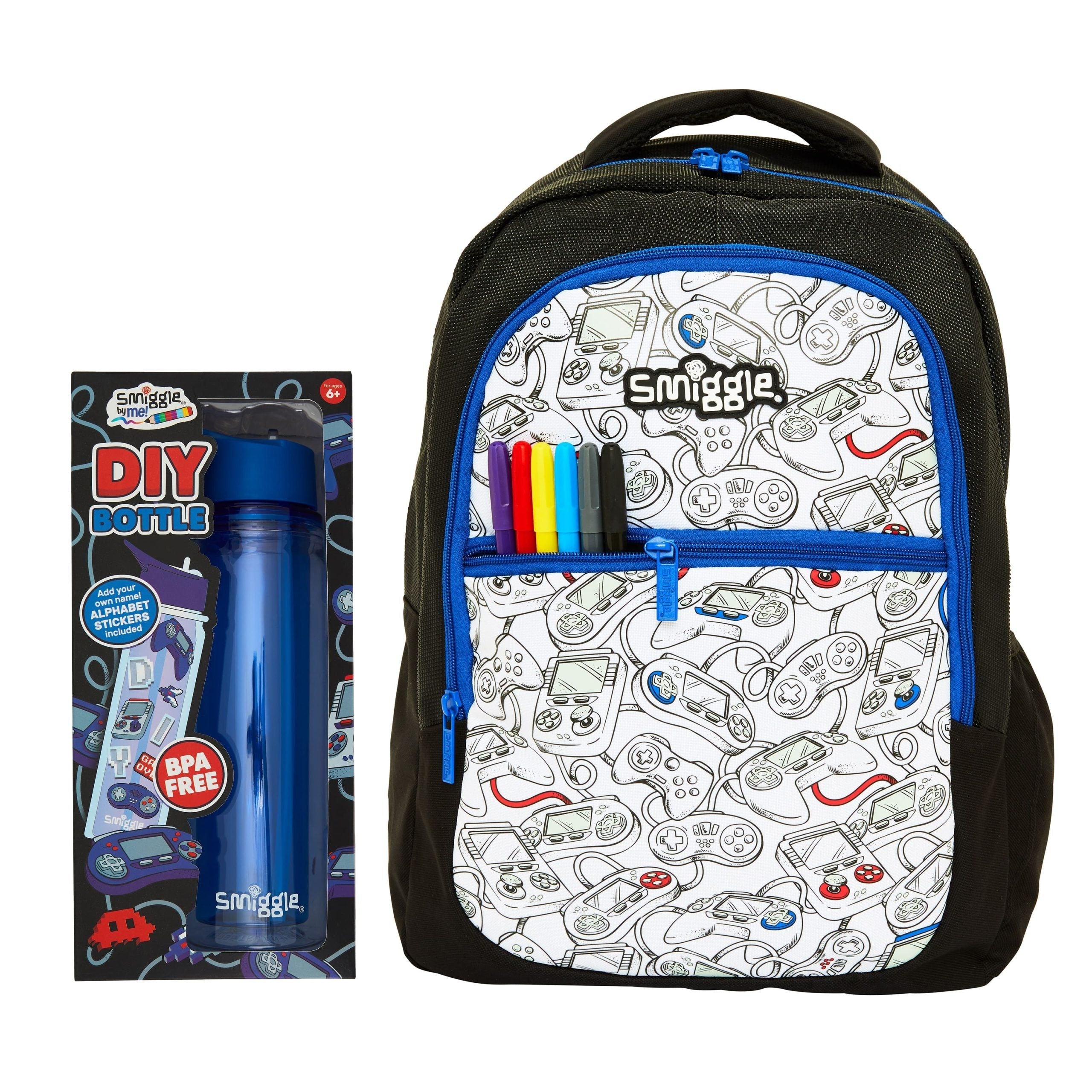 Smiggle – Schultaschen-Set – Live Black DIY-Tasche und Flasche